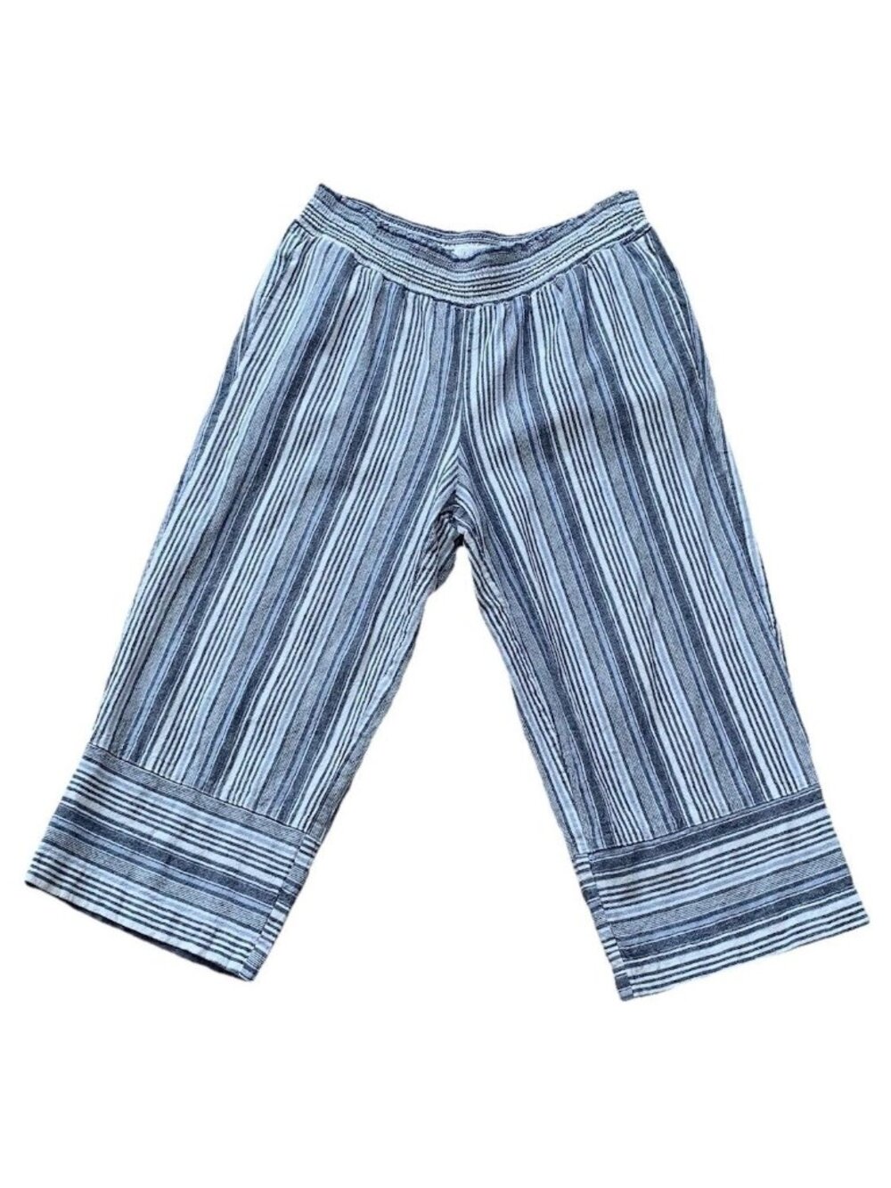 Land n Sea Blue Women’s Size Large High Rise Linen Blend Striped Cropped Pants